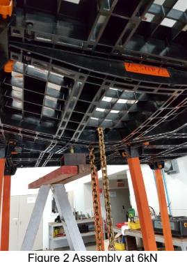 Three-by-three Workdek platform assembly under a hydraulic pull-down test